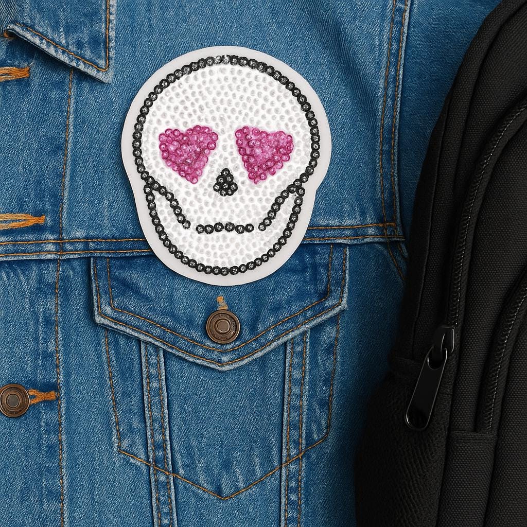 Sequin Skull Embroidery Patch with Heart Eyes