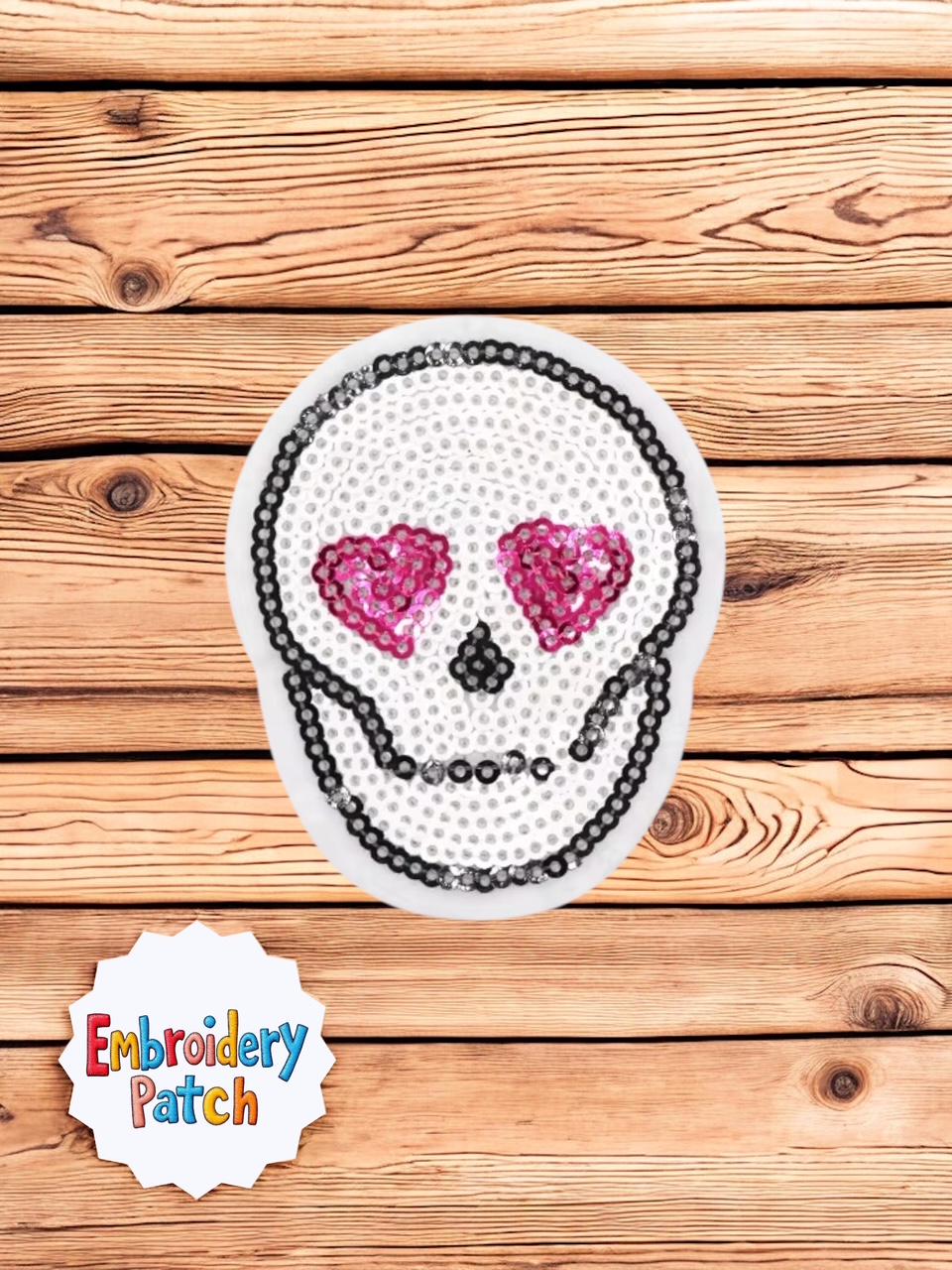 Sequin Skull Embroidery Patch with Heart Eyes
