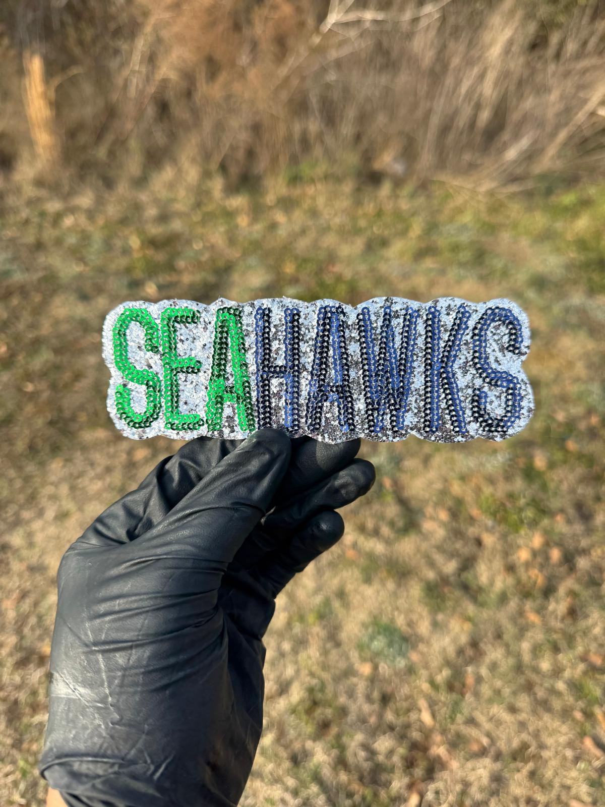 Silver Glitter Sequin Seahawk Mascot Patch | Embroidered Football Patch